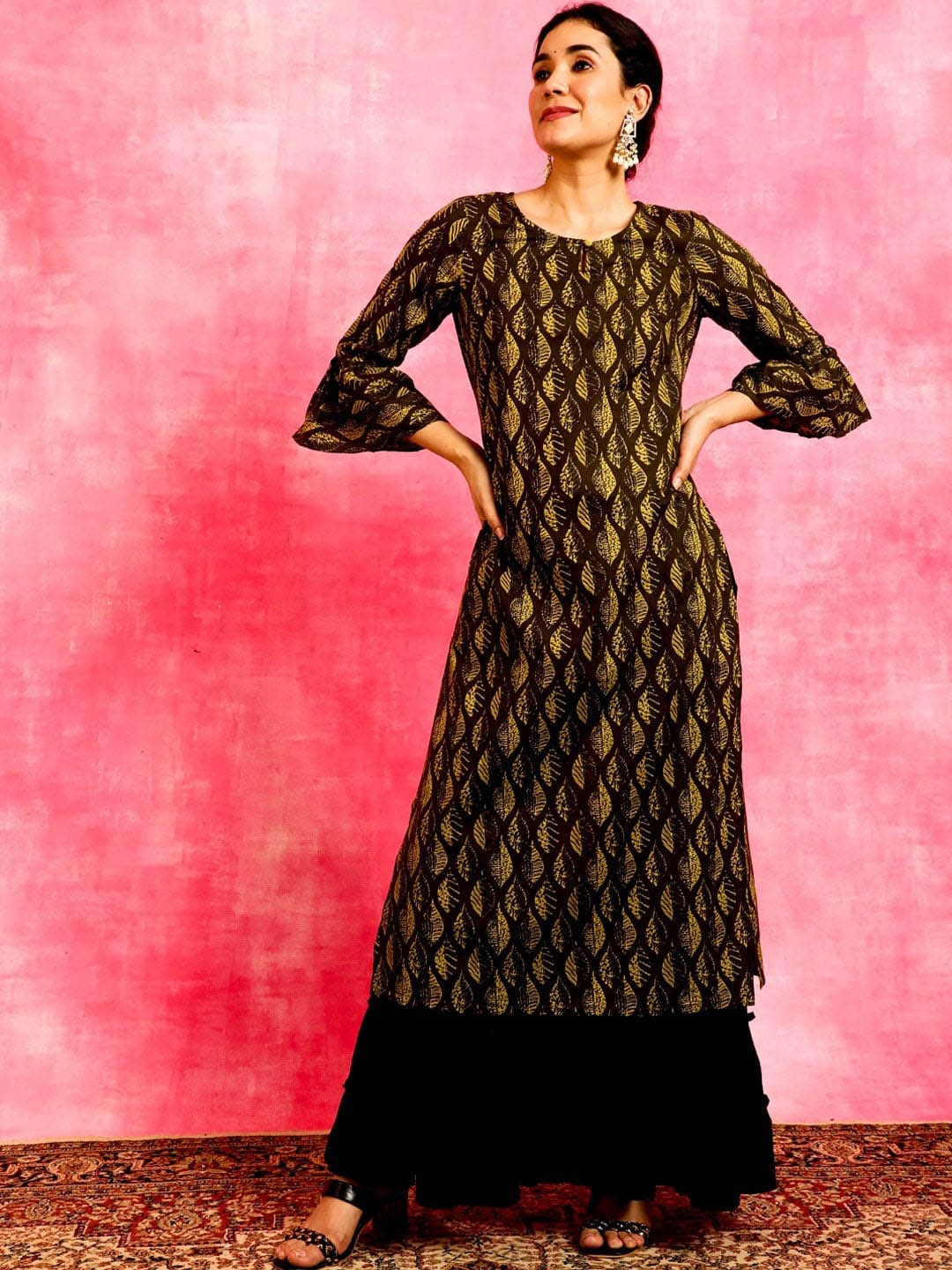 

AKS Ethnic Motifs Printed Bell Sleeves Cotton Straight Kurta, Black