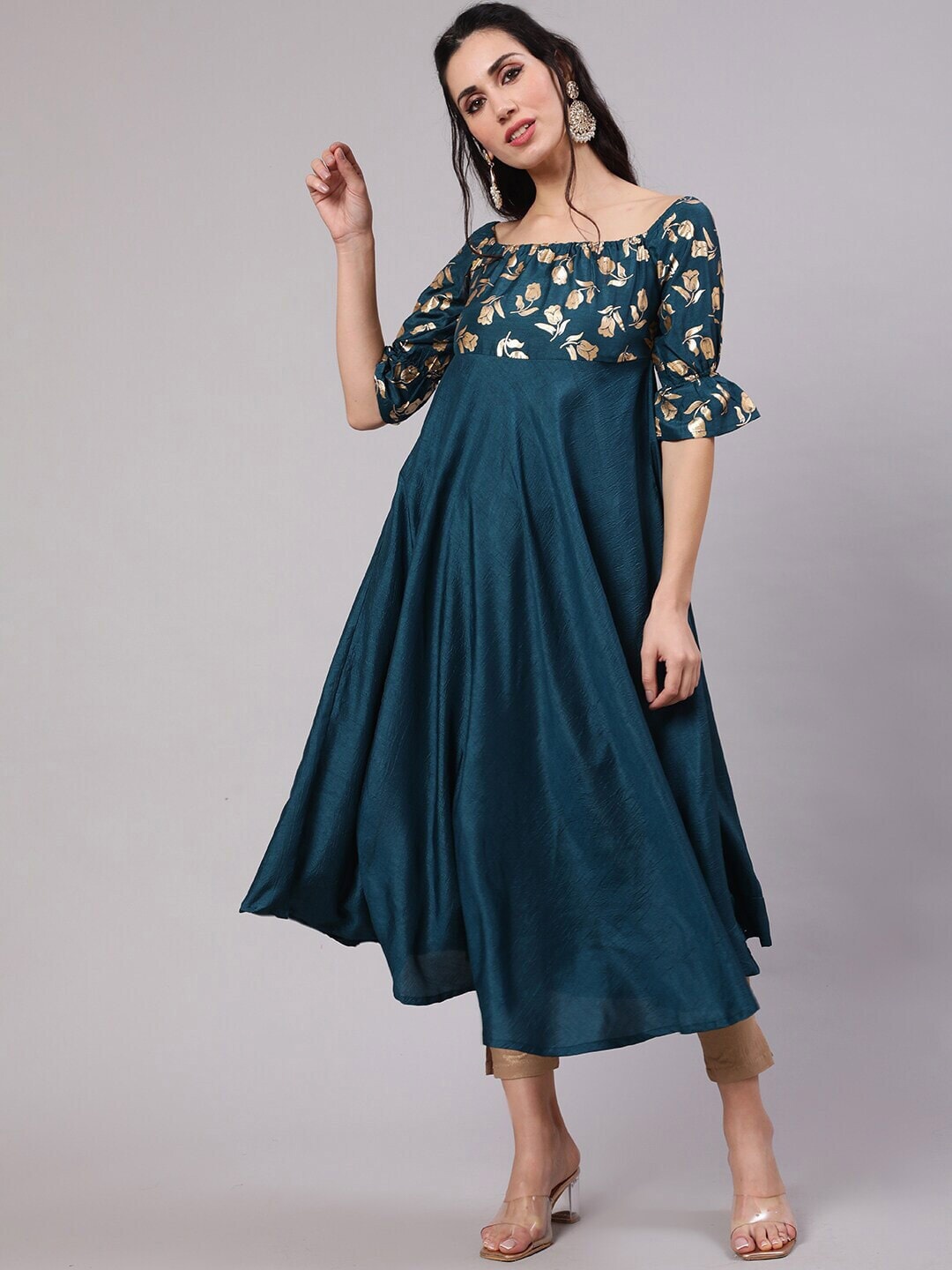 

AKS Floral Yoke Design Square Neck Bell Sleeves Silk Anarkali Kurta, Gold