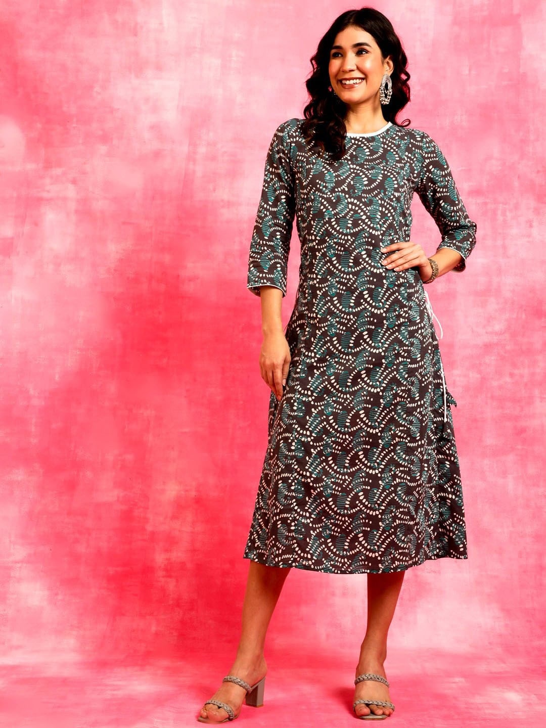 

AKS Ethnic Motifs Printed A-Line Cotton Dress, Blue