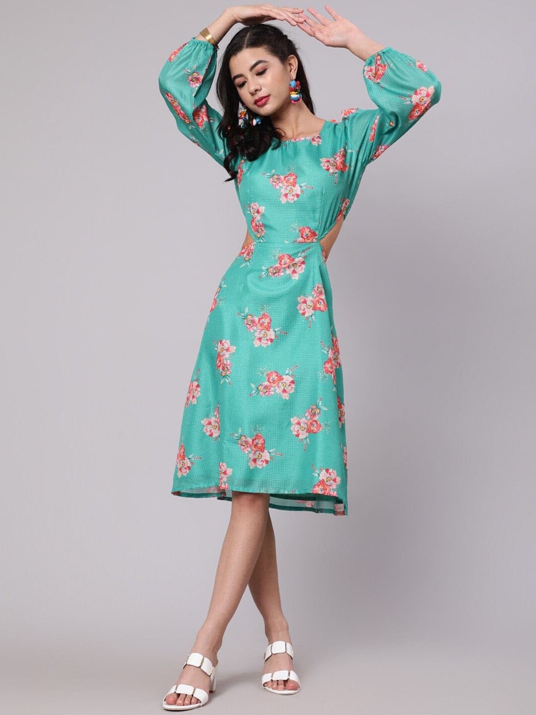 

AKS Floral Printed Fit & Flare Cotton Dress, Green