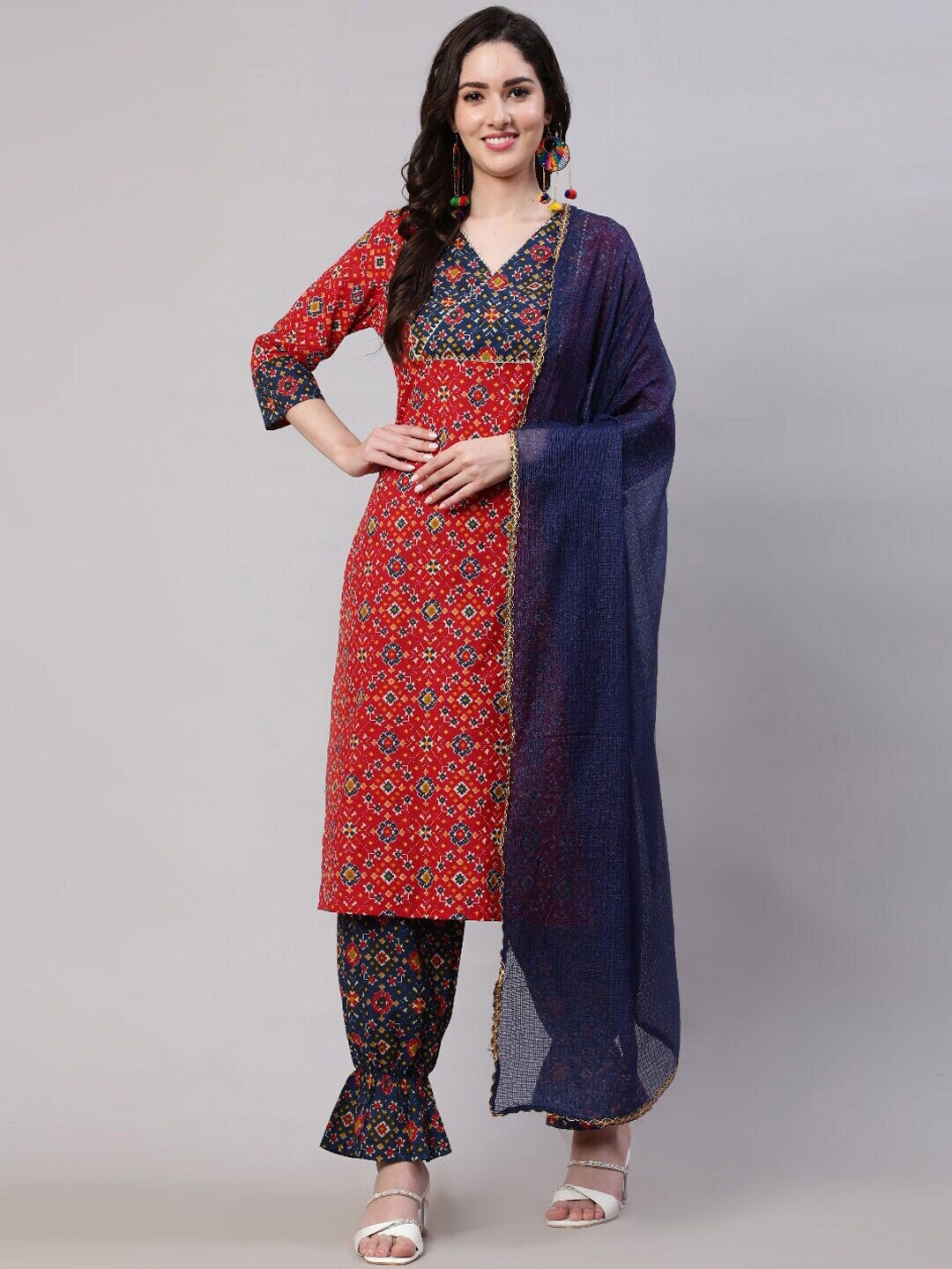 

AKS Ethnic Motifs Printed Regular Gotta Patti Pure Cotton Kurta With Trousers & Dupatta, Red