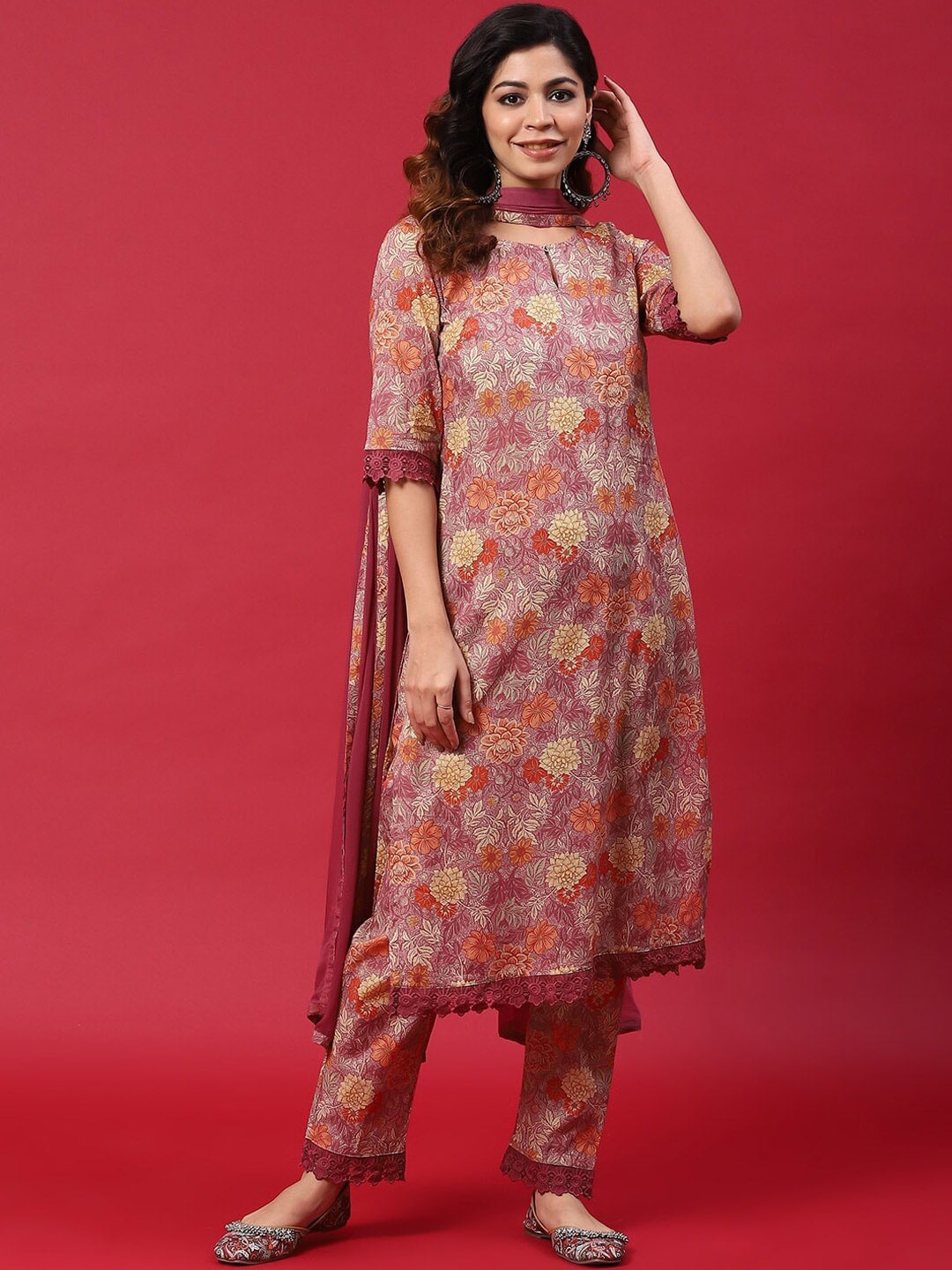 

AKS Floral Printed Keyhole Neck Regular Pure Cotton Kurta With Trousers & Dupatta, Mauve