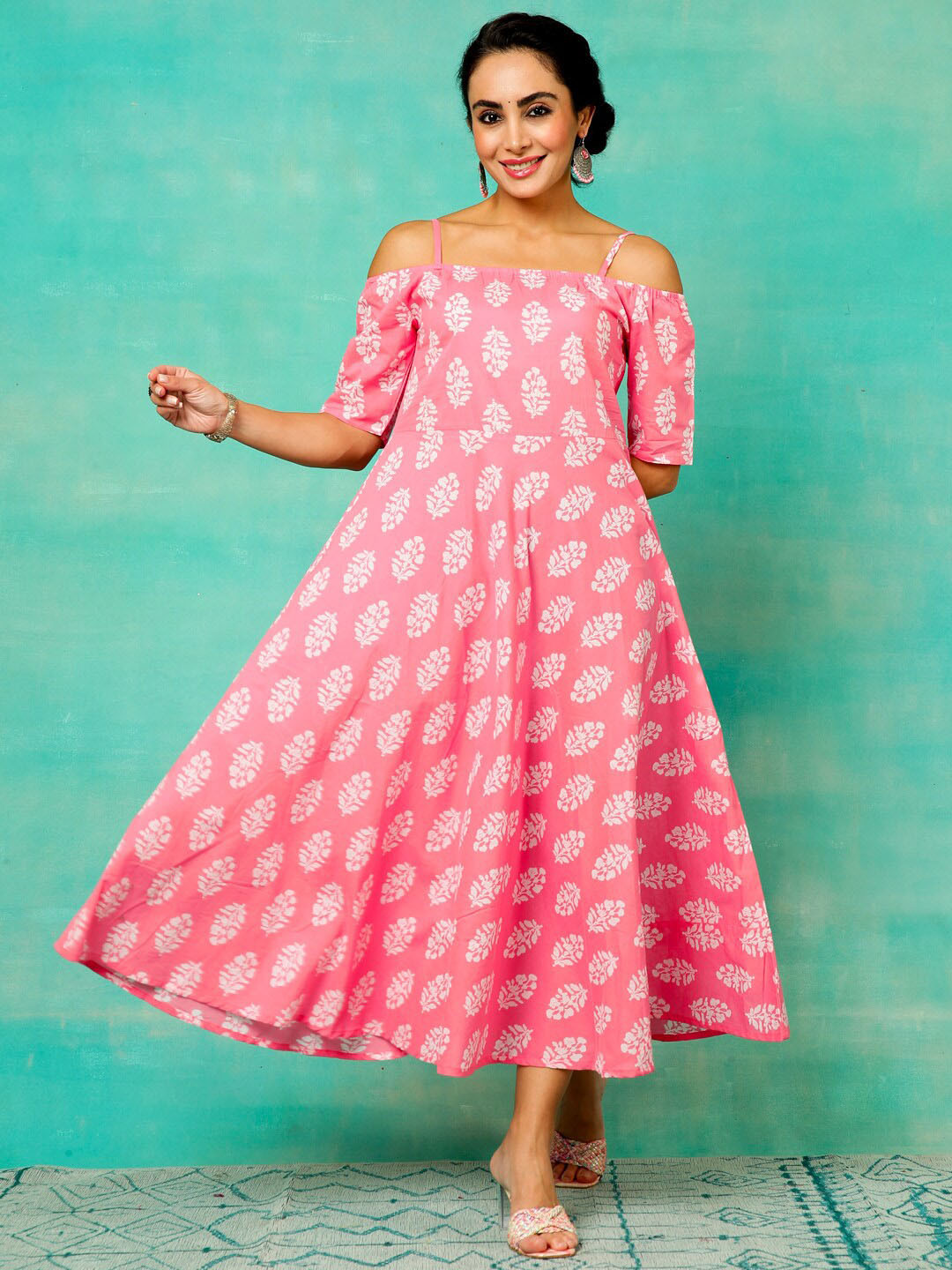 

AKS Ethnic Motifs Printed Cold-Shoulder Fit & Flare Cotton Midi Dress, Pink