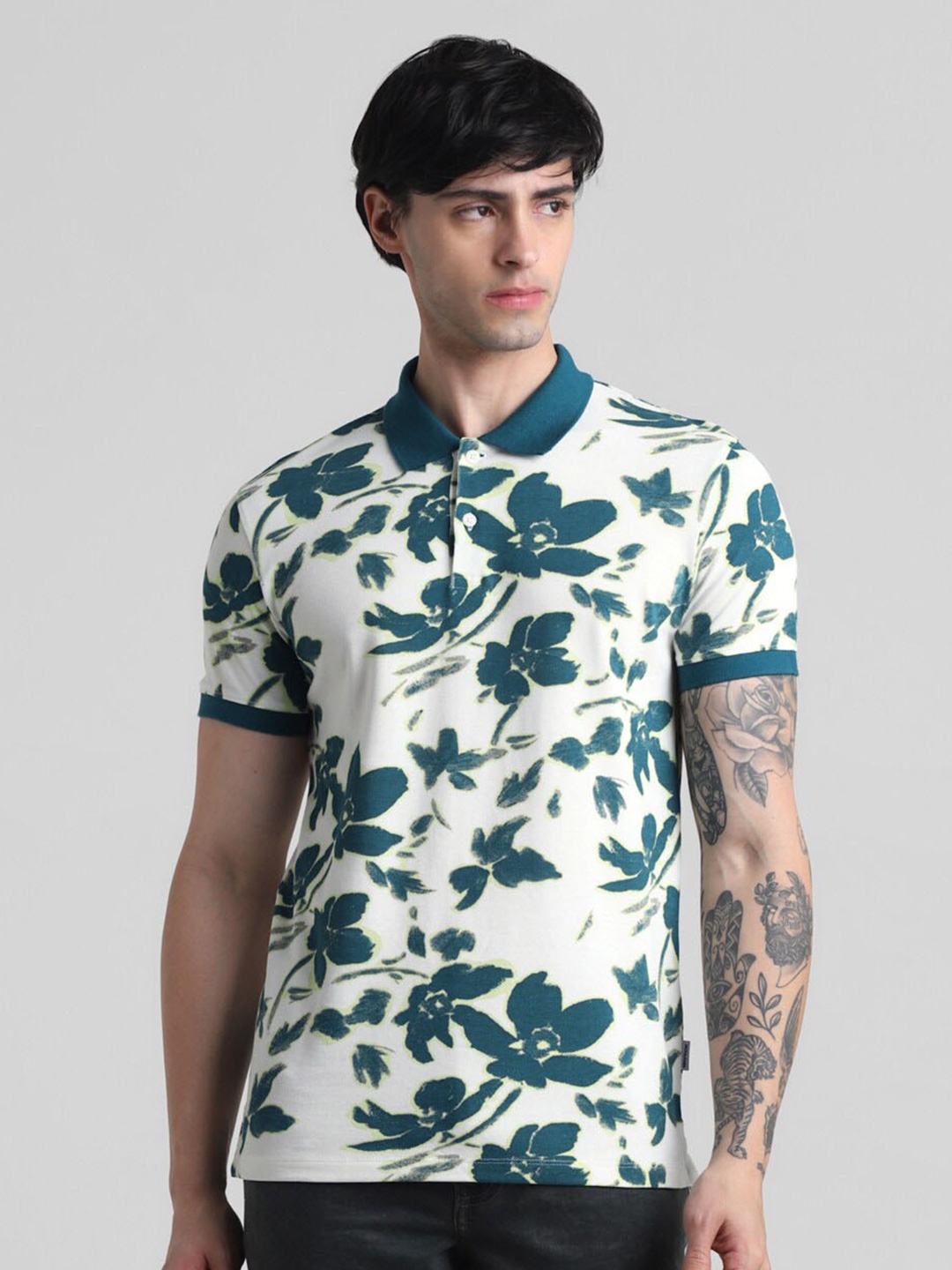 

Jack & Jones Floral Printed Polo Collar Pure Cotton Slim Fit T-shirt, White