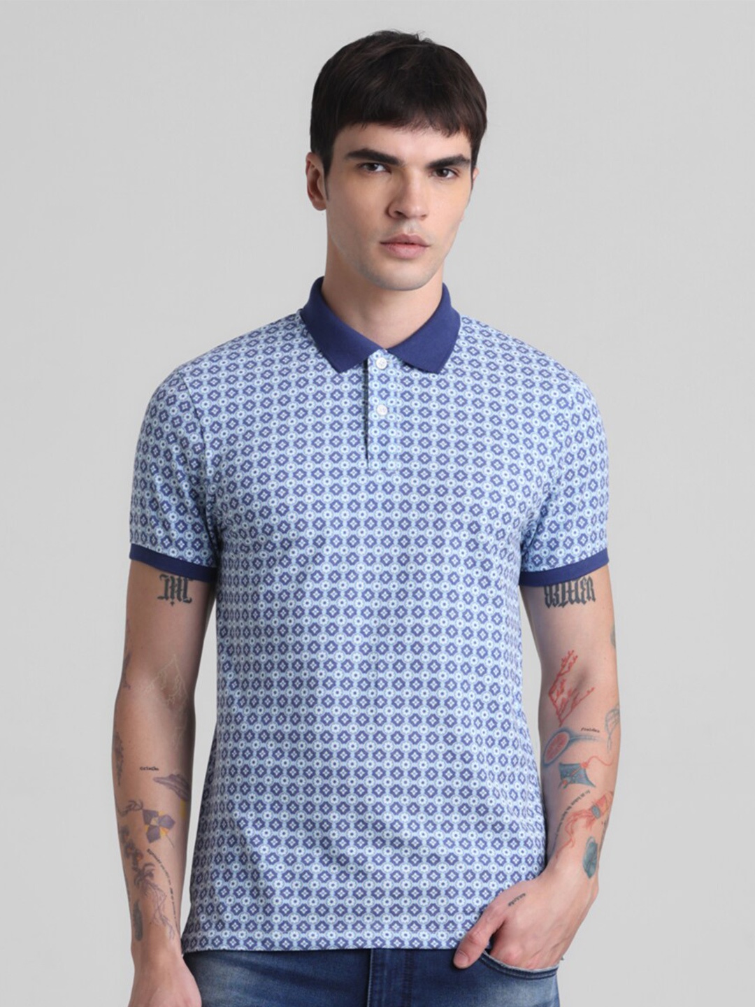 

Jack & Jones Geometric Printed Polo Collar Slim Fit T-shirt, Blue