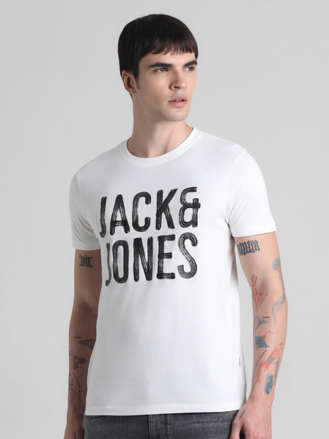 

Jack & Jones Typography Printed Round Neck Cotton Slim Fit T-shirt, White