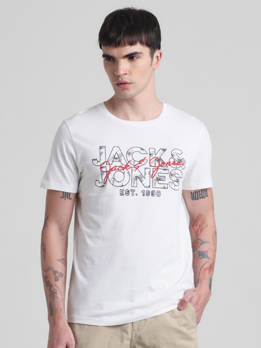 Jack & Jones Typography Printed Cotton T-Shirt, White