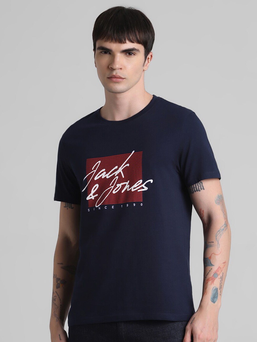 

Jack & Jones Typography Printed Slim Fit Pure Cotton T-Shirt, Navy blue