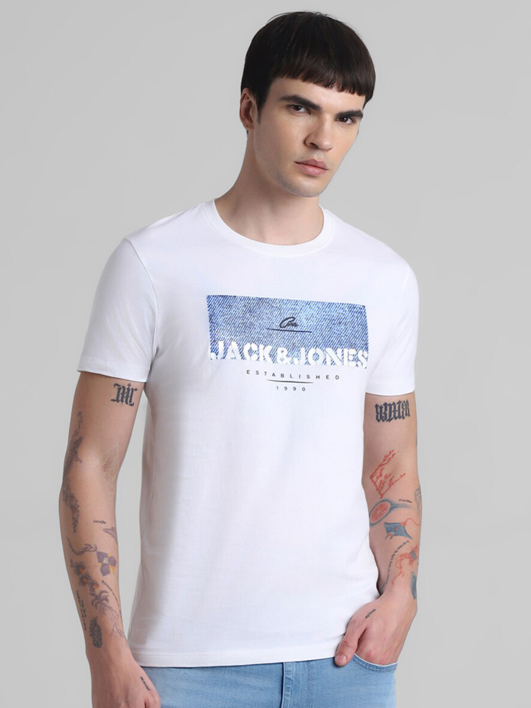 

Jack & Jones Typography Printed Round Neck Slim Fit Cotton T-shirt, White