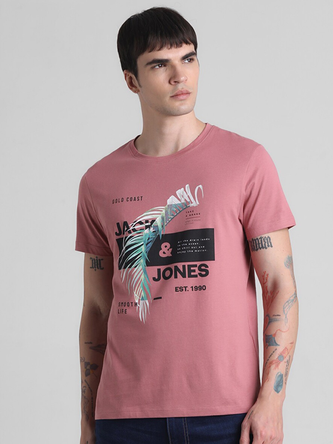 Jack & Jones Typography Printed Round Neck Cotton Slim Fit T-shirt, Pink