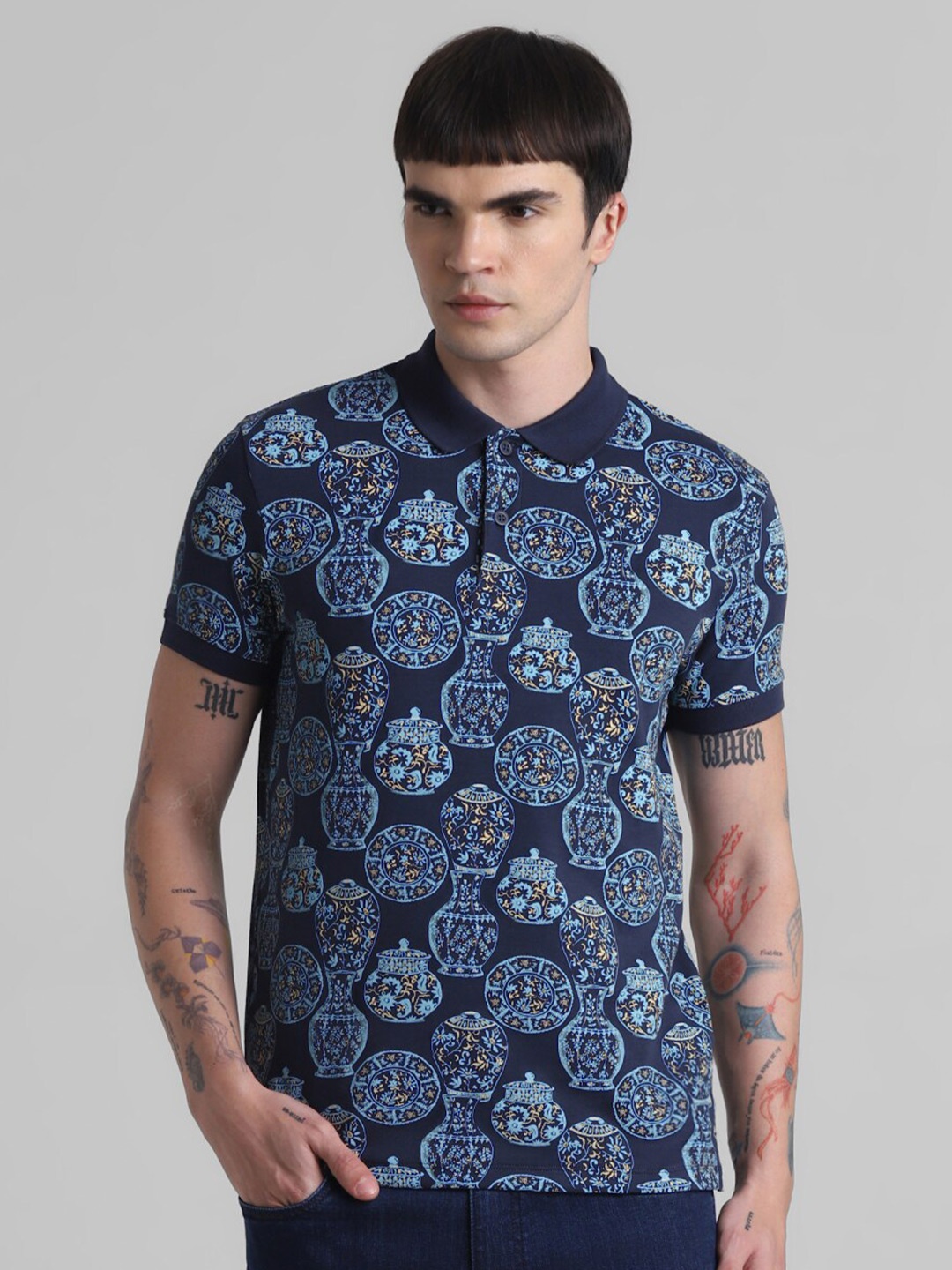 

Jack & Jones Conversational Printed Polo Collar Slim Fit T-shirt, Blue