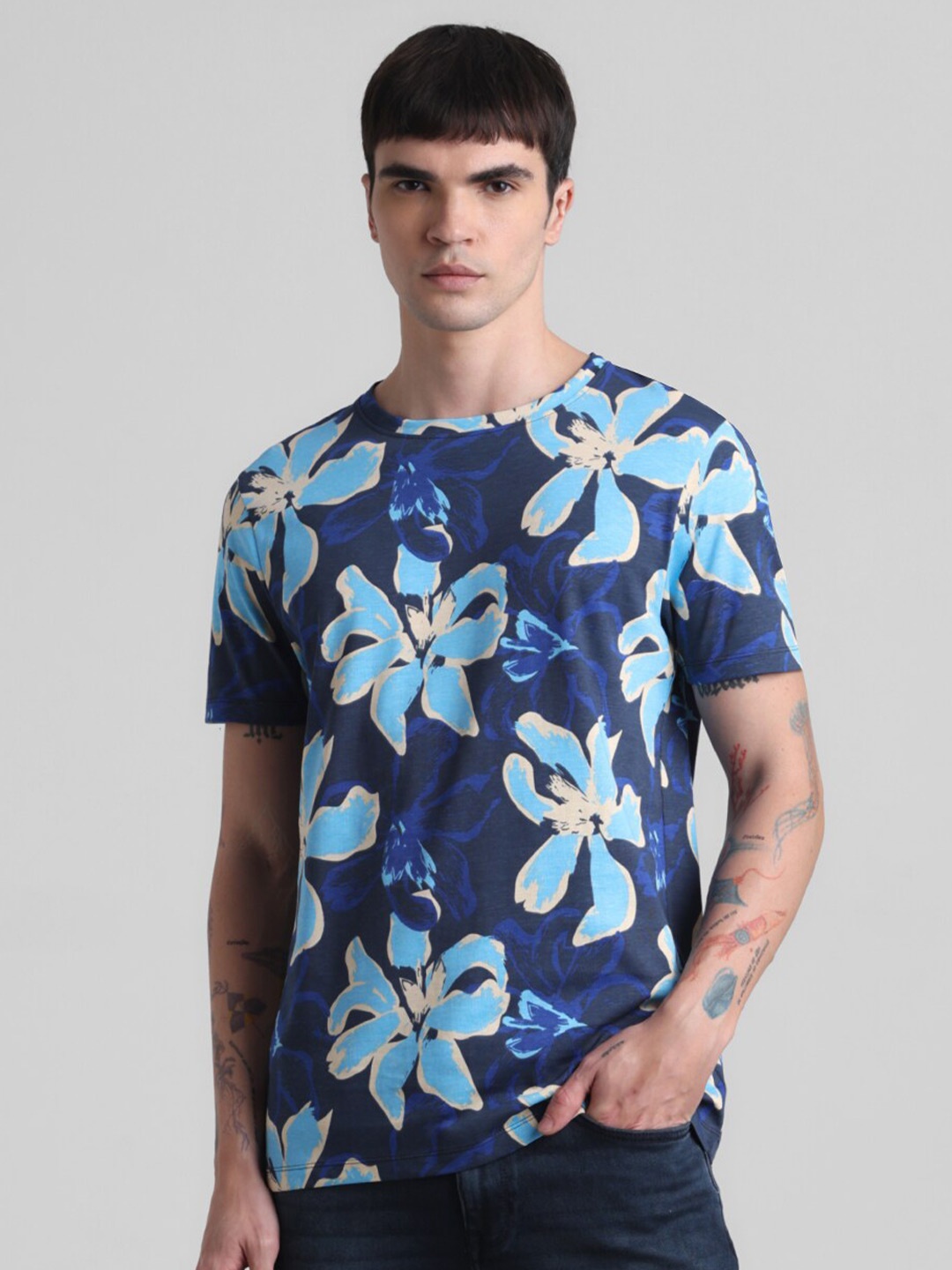 

Jack & Jones Floral Printed Pure Cotton T-Shirt, Navy blue