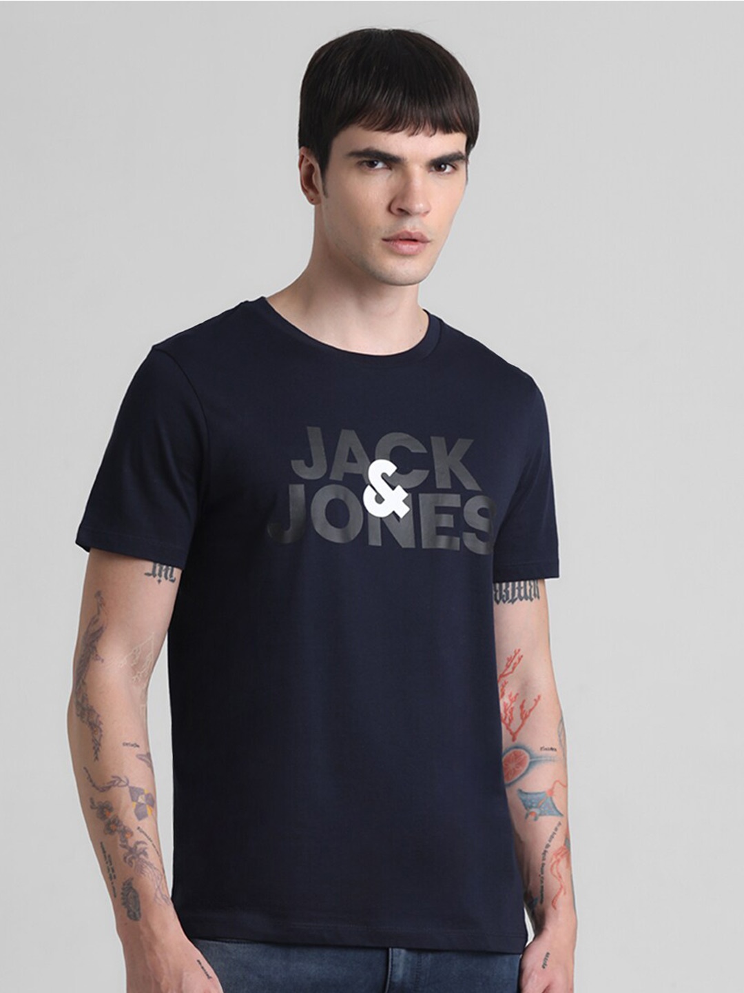 

Jack & Jones Typography Printed Pure Cotton Slim Fit T-shirt, Navy blue