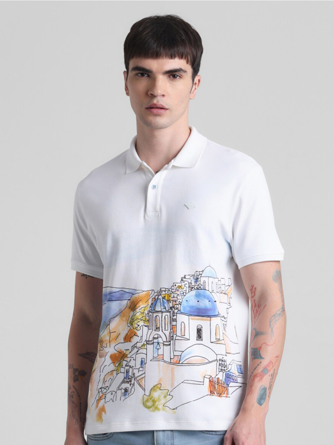 

Jack & Jones Graphic Printed Polo Collor Pure Cotton T-shirt, White