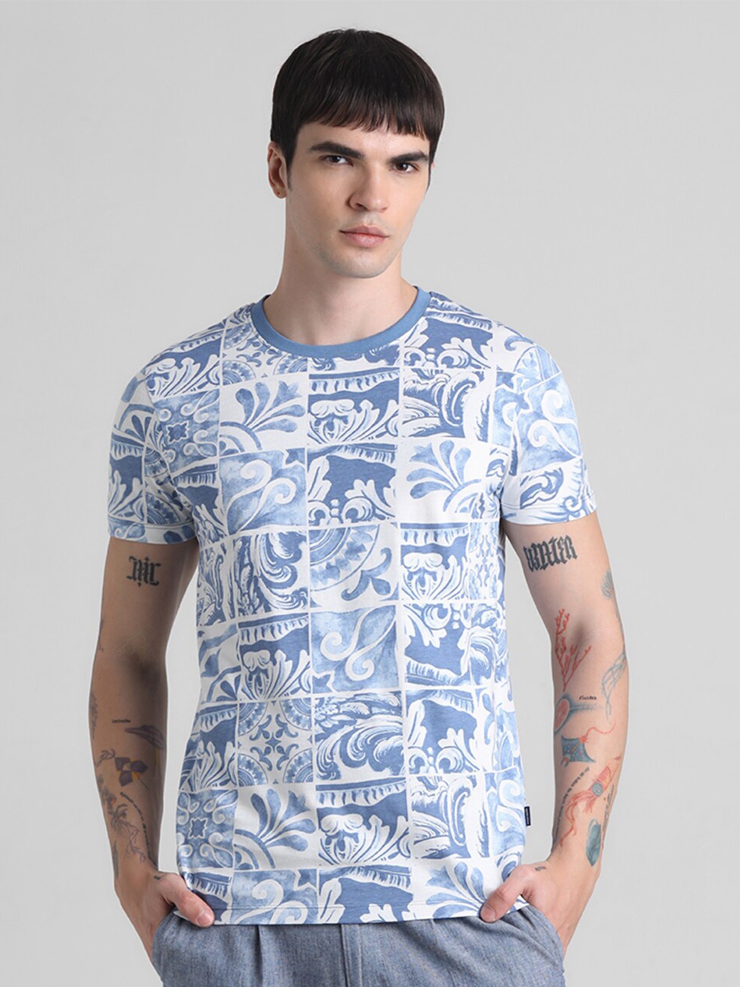 

Jack & Jones Floral Printed Pure Cotton Slim Fit T-shirt, Blue