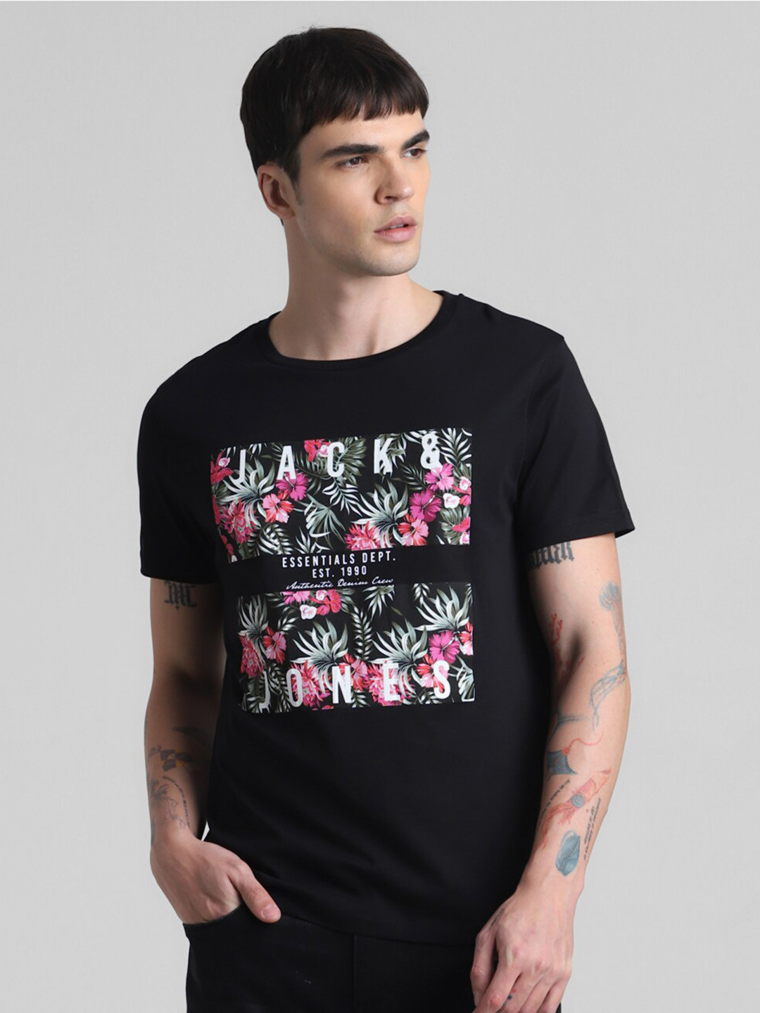 

Jack & Jones Floral Printed Pure Cotton T-shirt, Black