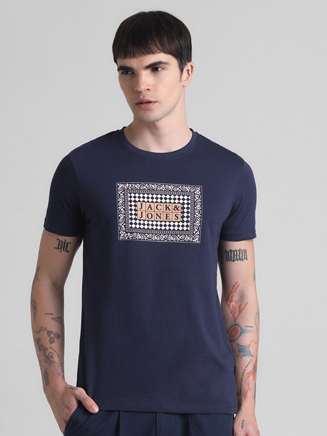 

Jack & Jones Graphic Printed Pure Cotton Slim Fit T-shirt, Navy blue