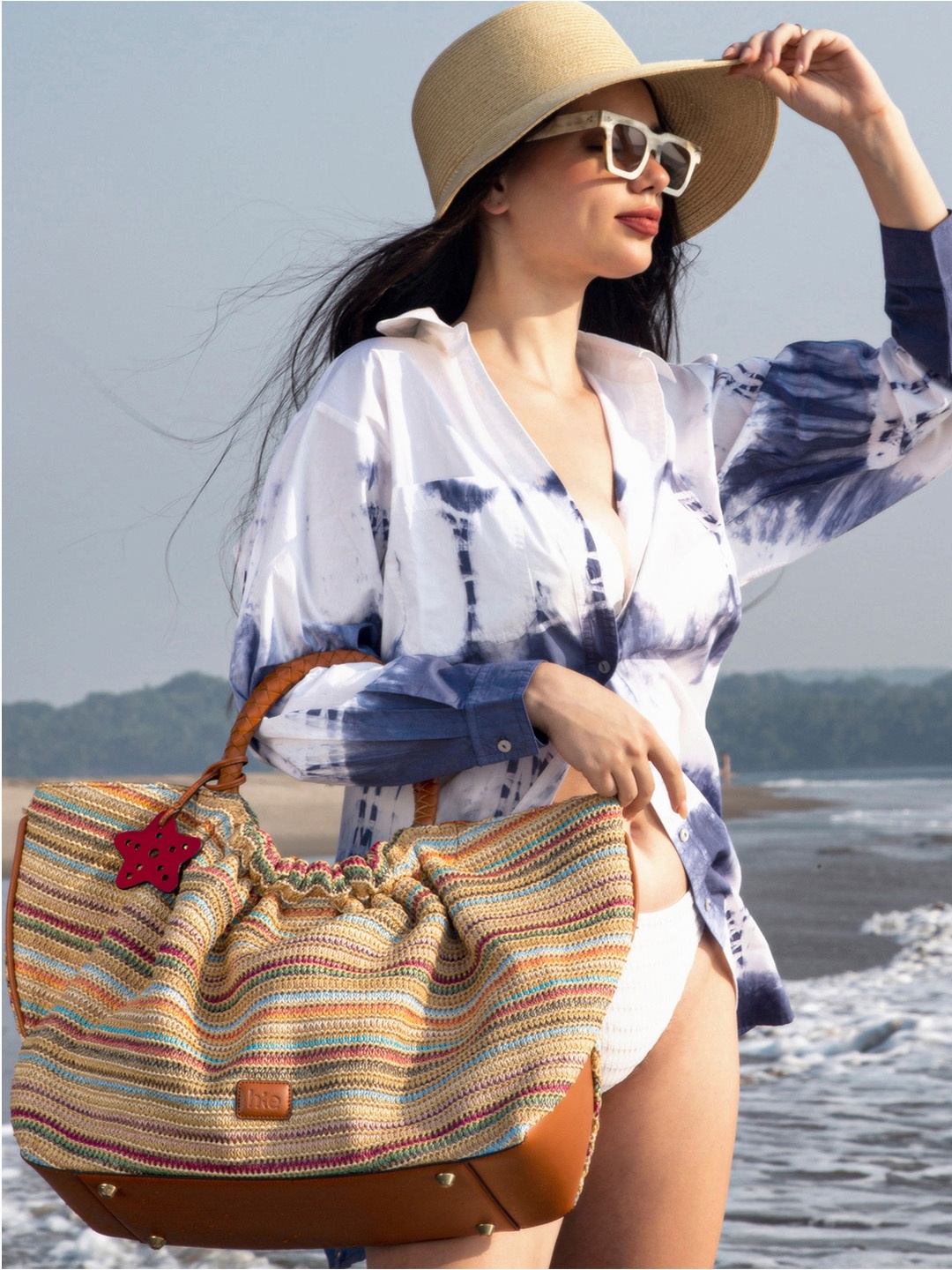 

HIE Self Design Oversized Shopper Jute Handheld Bag, Tan