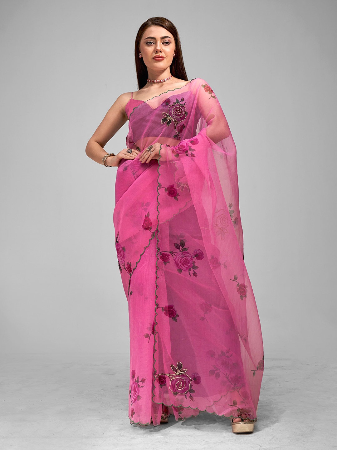 

Mitera Floral Embellished Beads and Stones Organza Saree, Pink