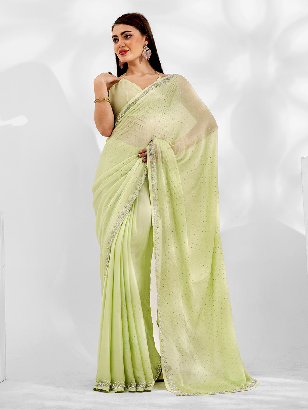 

Mitera Embellished Beads and Stones Satin Saree, Green