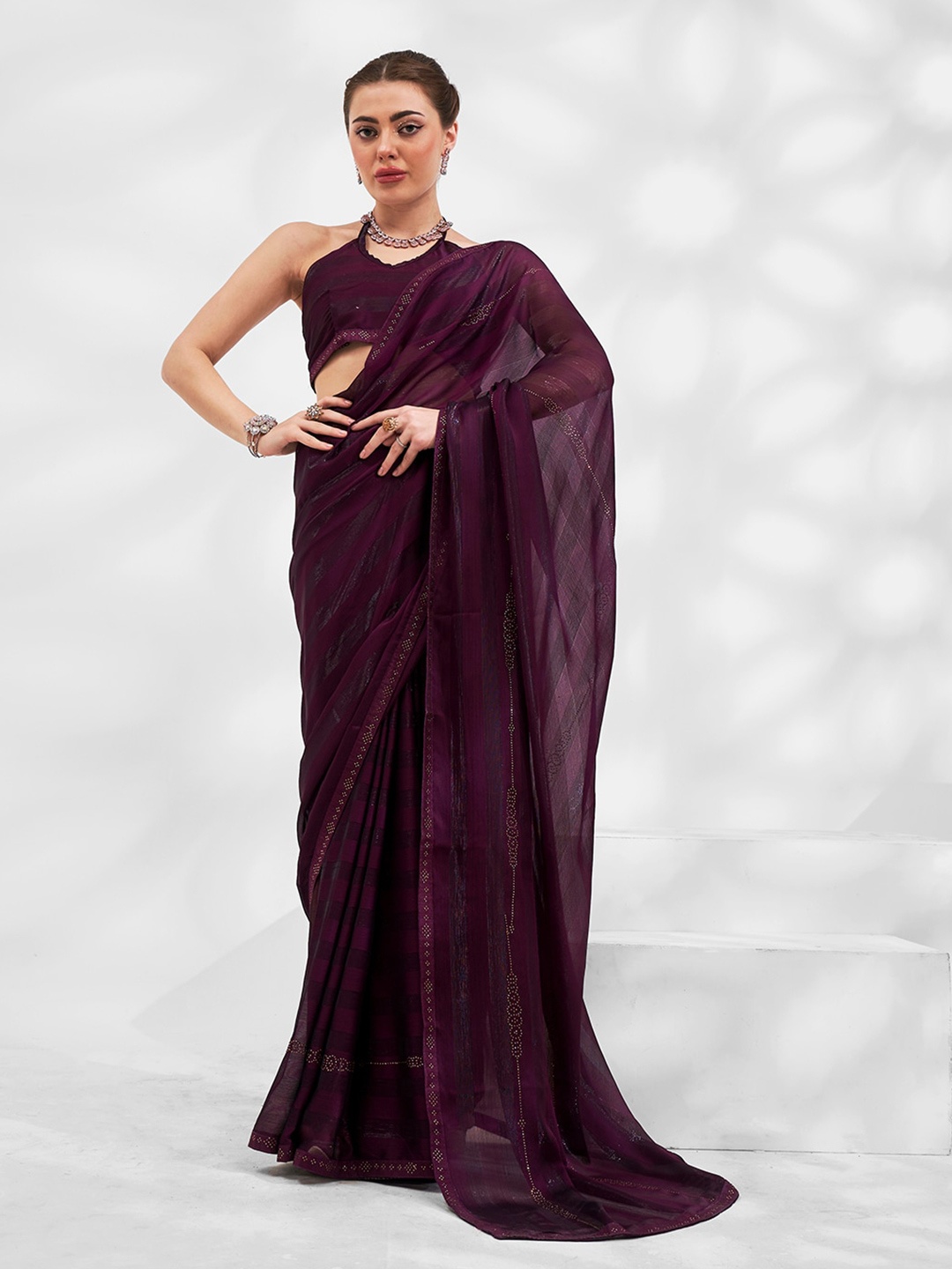 

Mitera Mukaish Embellished Pure Chiffon Saree, Purple