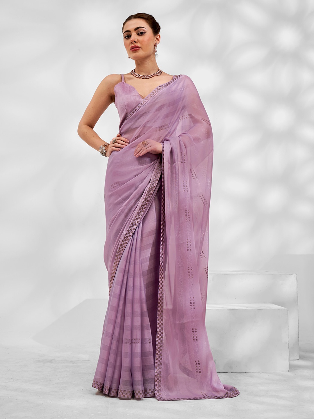 

Mitera Striped Beads And Stones Embellished Pure Chiffon Saree, Lavender