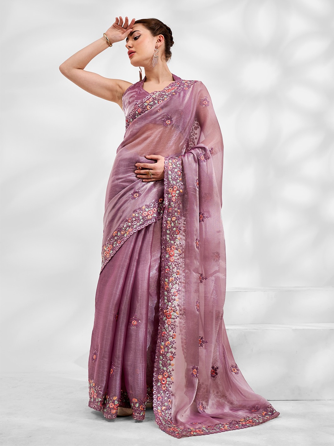 

Mitera Floral Embroidered Tissue Saree, Lavender