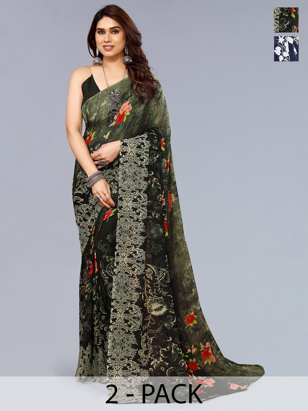 

ANAND SAREES Floral Saree Pack of 2, Blue