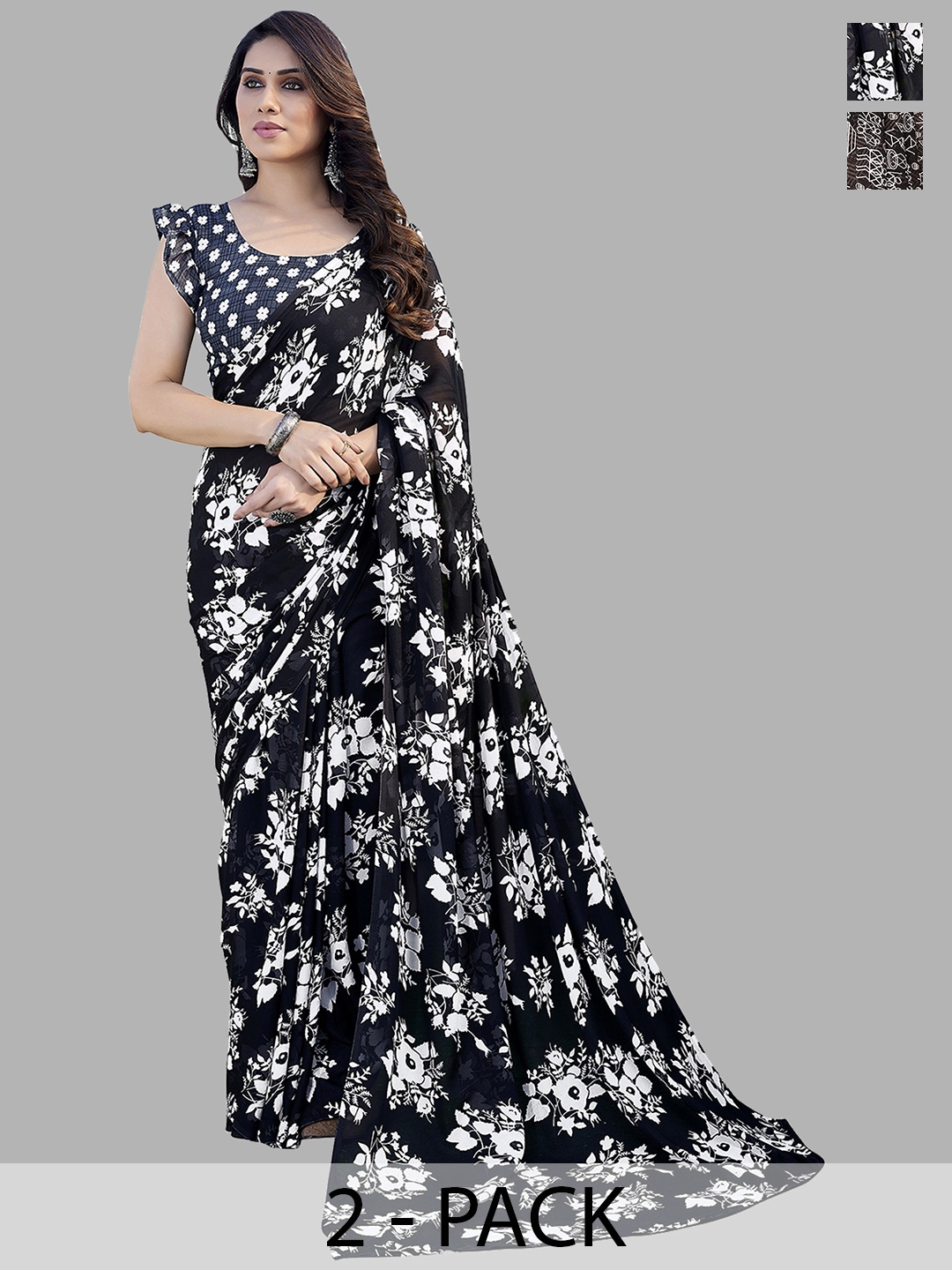 

ANAND SAREES Floral Saree Pack of 2, Black
