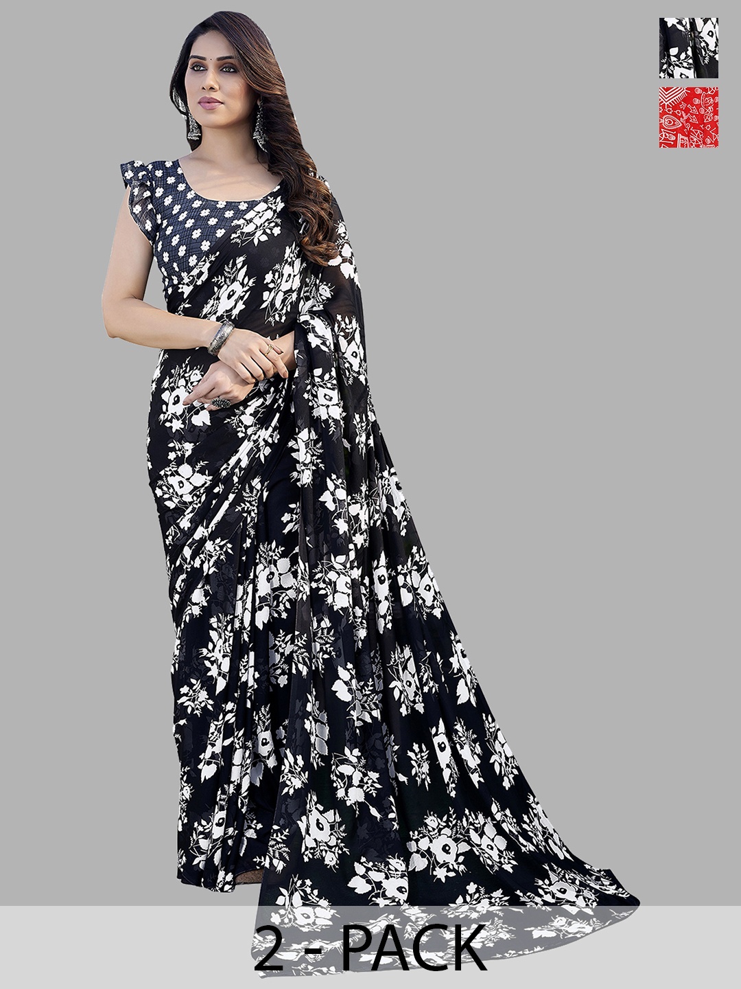 

ANAND SAREES Floral Saree Pack of 2, Black