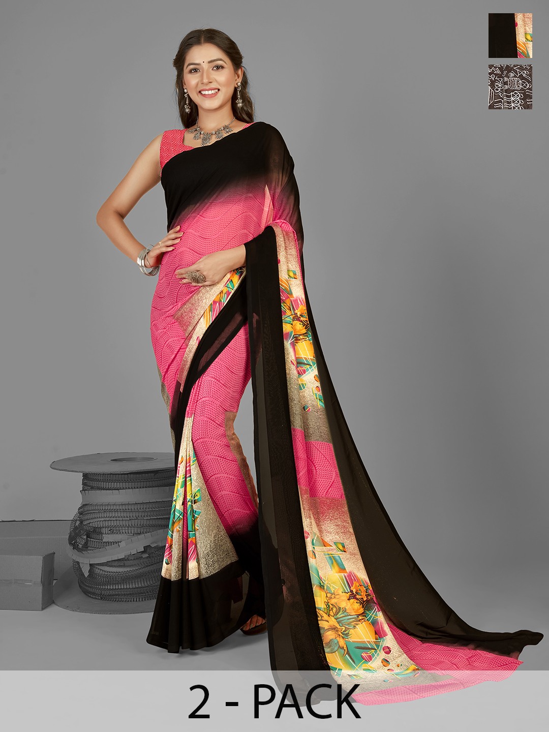 

ANAND SAREES Ethnic Motifs Saree Pack of 2, Brown