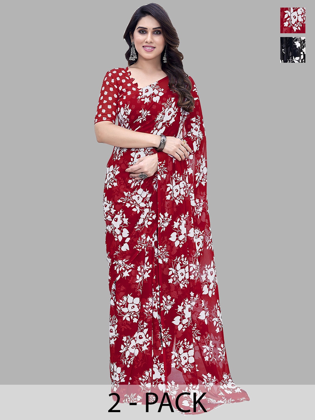 ANAND SAREES Floral Saree Pack of 2, Red