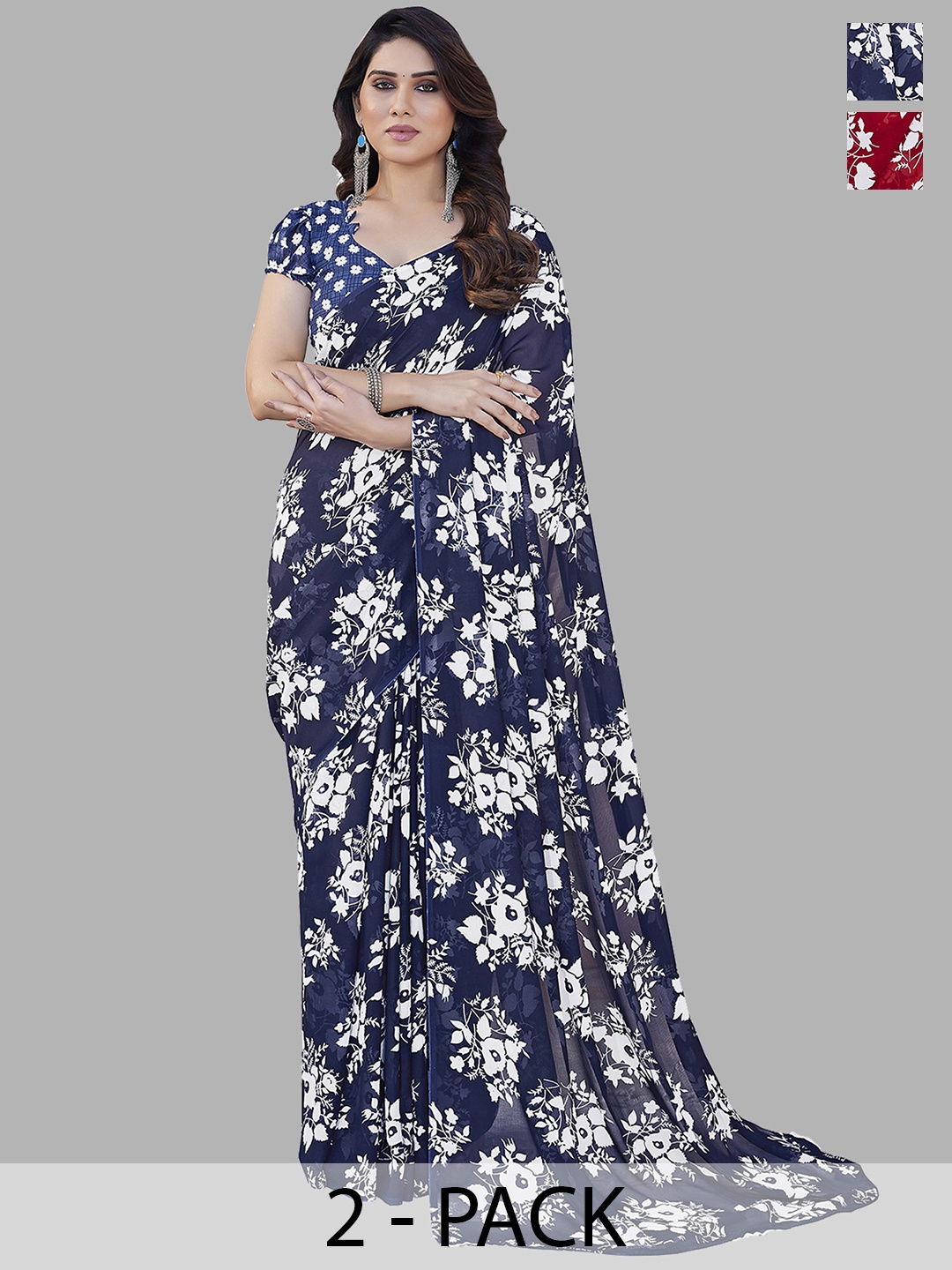 

ANAND SAREES Floral Saree Pack of 2, Navy blue