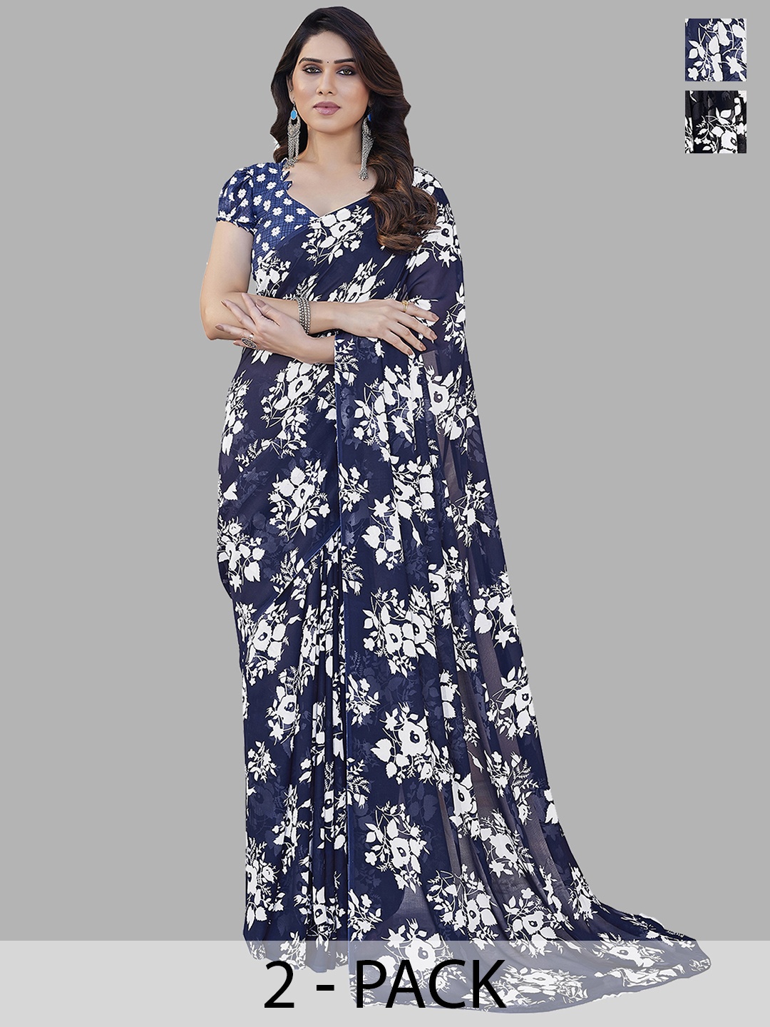 ANAND SAREES Floral Saree Pack of 2, Black