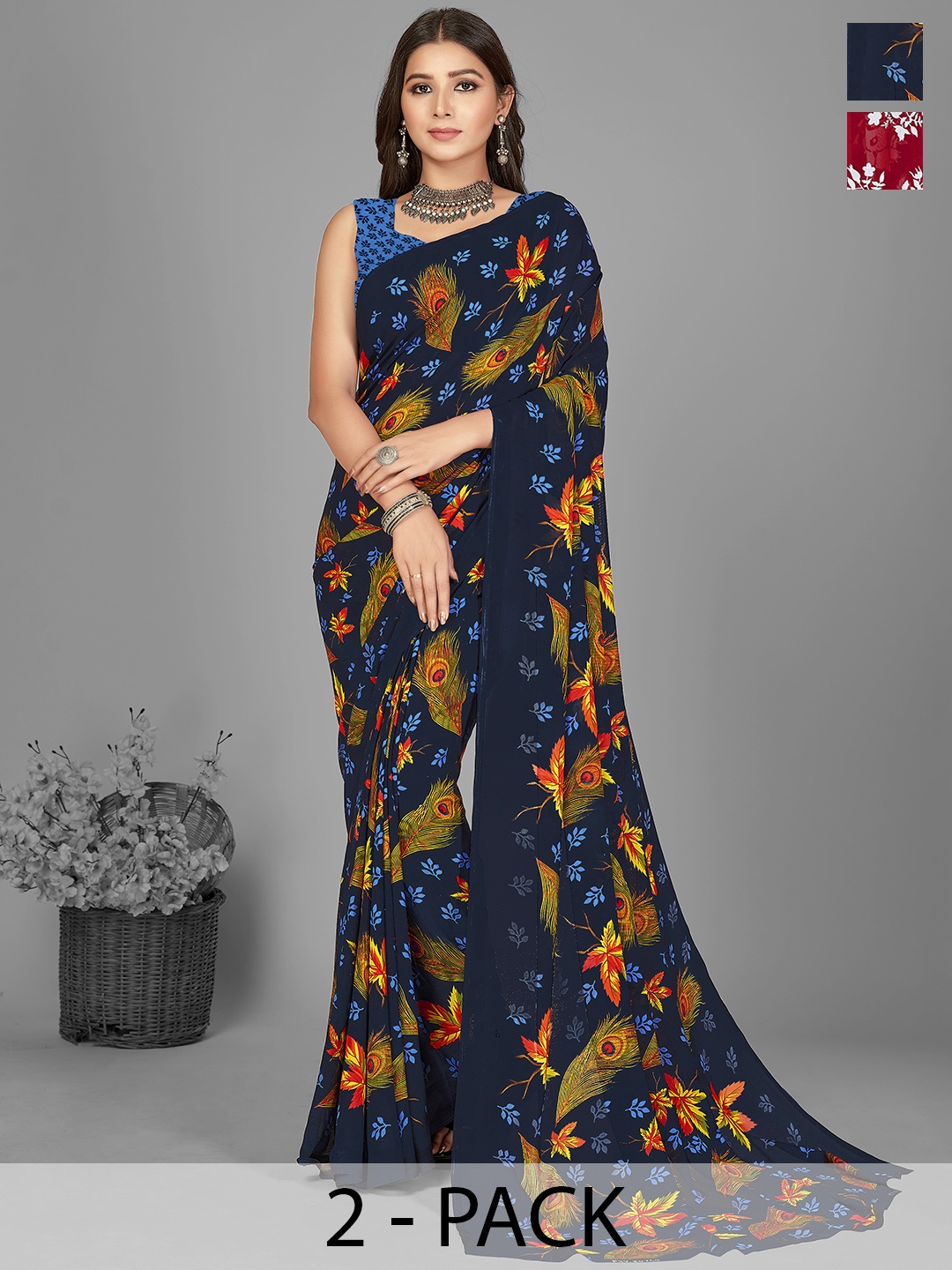 

ANAND SAREES Floral Saree Pack of 2, Red