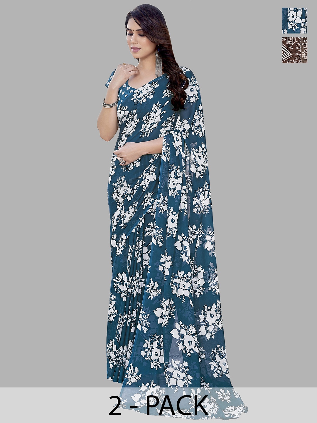 

ANAND SAREES Floral Saree Pack of 2, Blue