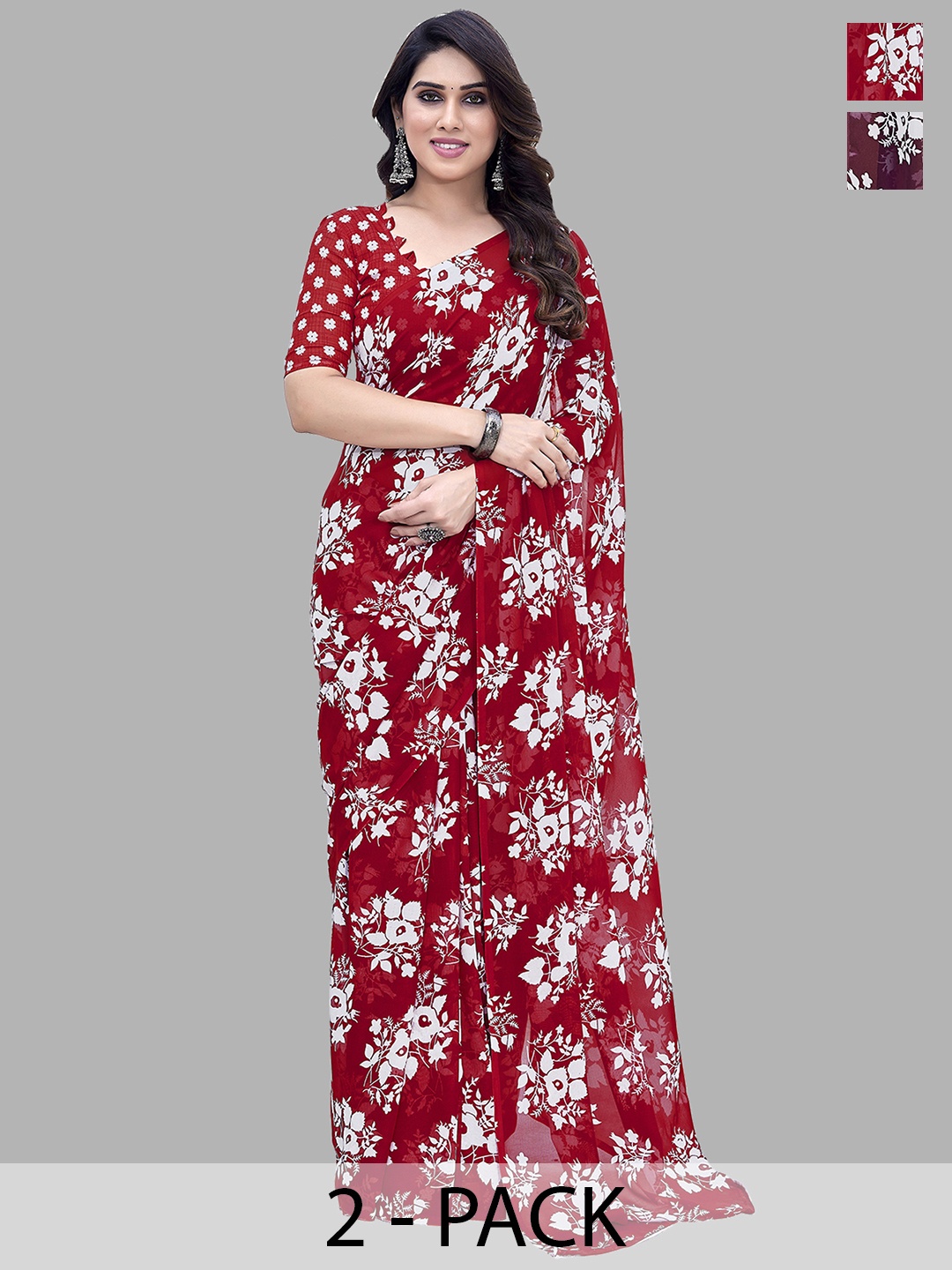 ANAND SAREES Floral Saree Pack of 2, Red