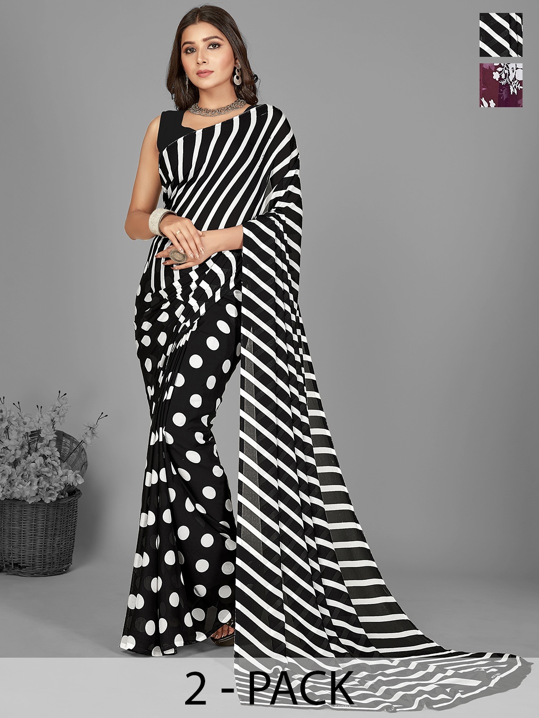 

ANAND SAREES Floral Saree Pack of 2, Black