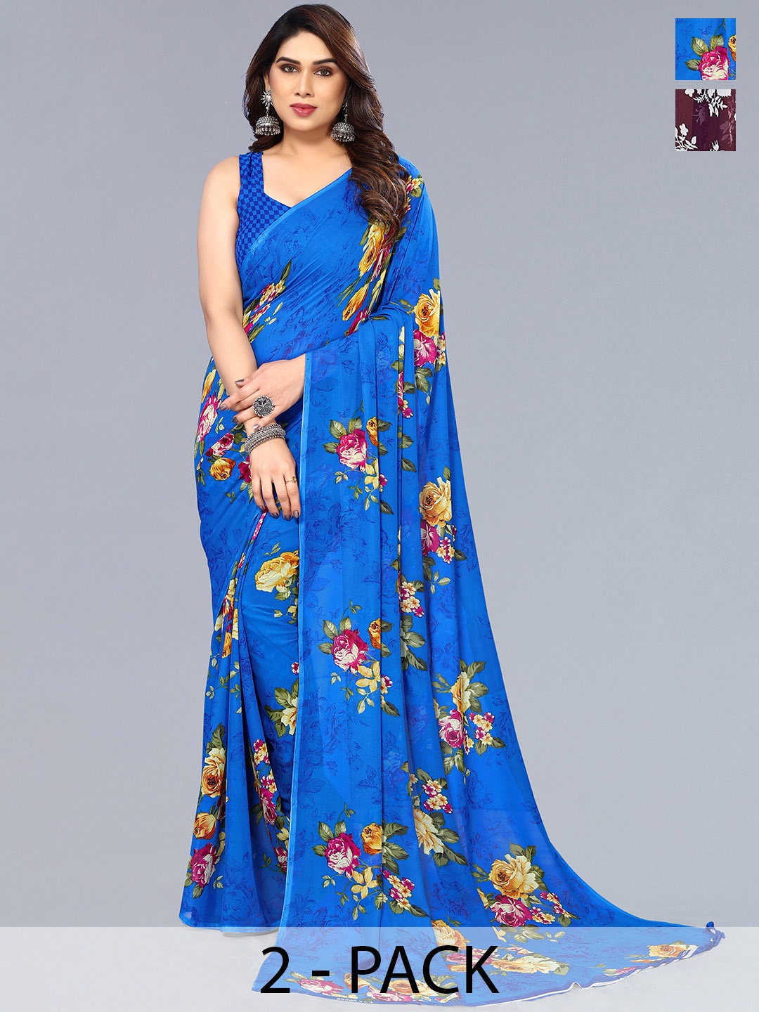 

ANAND SAREES Floral Saree Pack of 2, Blue