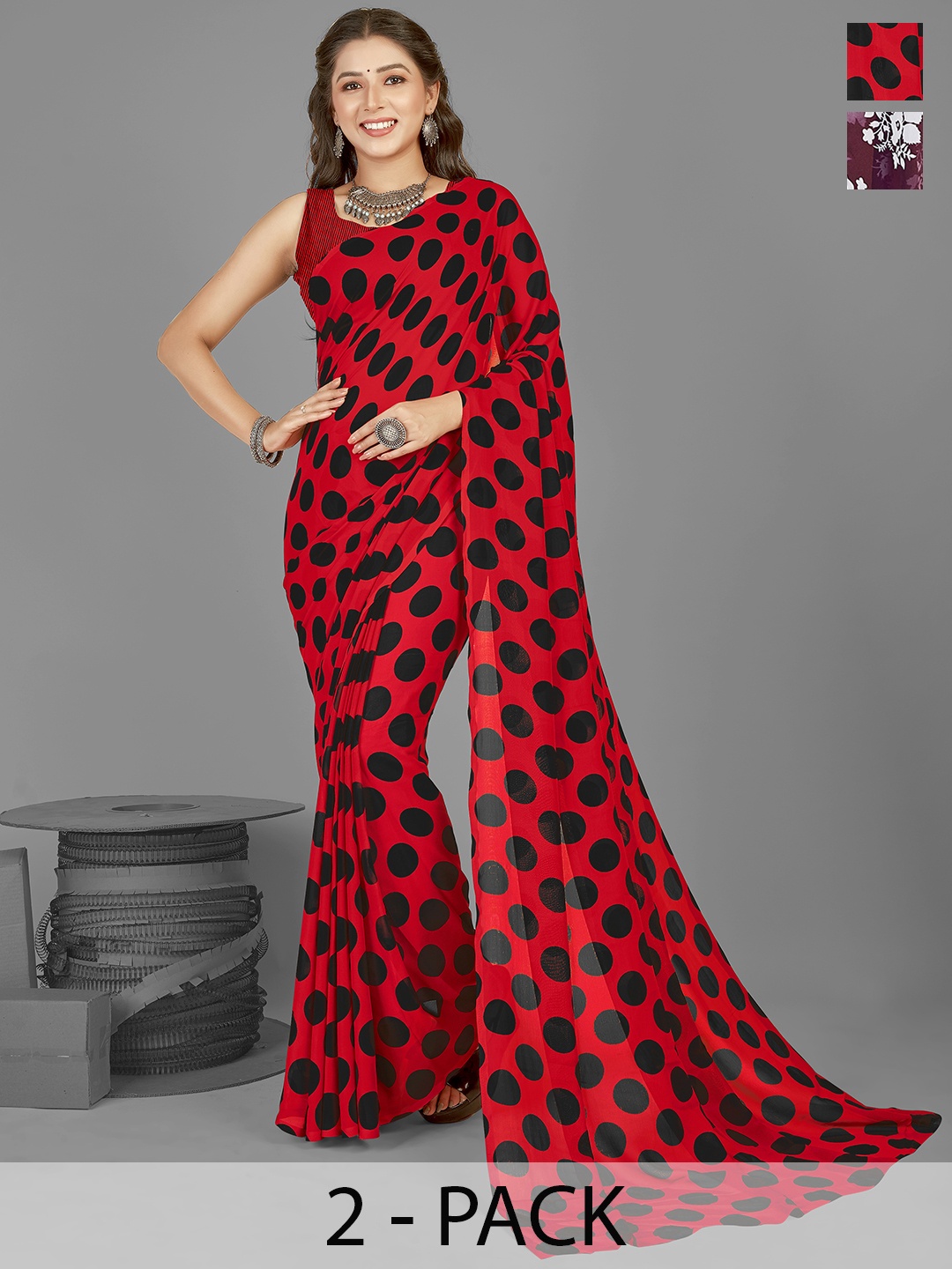 

ANAND SAREES Polka Dot Saree Pack of 2, Red