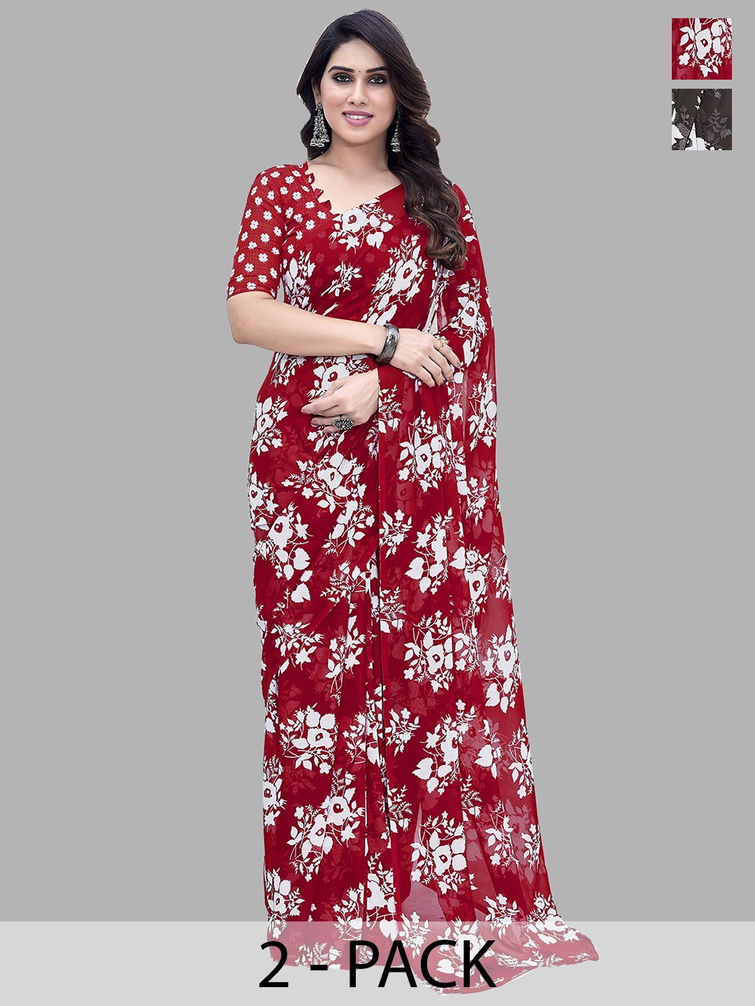 

ANAND SAREES Selection of 2 Floral Printed Saree, Red