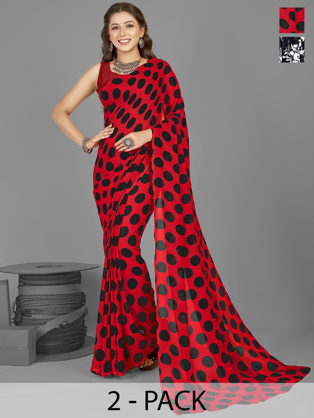 

ANAND SAREES Polka Dot Saree Pack of 2, Red
