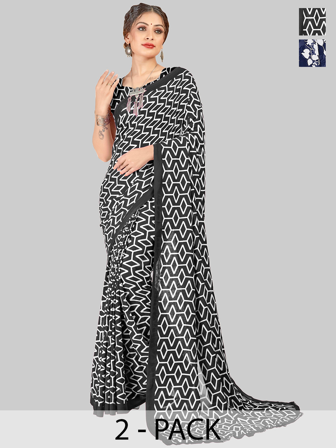 

ANAND SAREES Selection of 2 Floral Printed Saree, Black