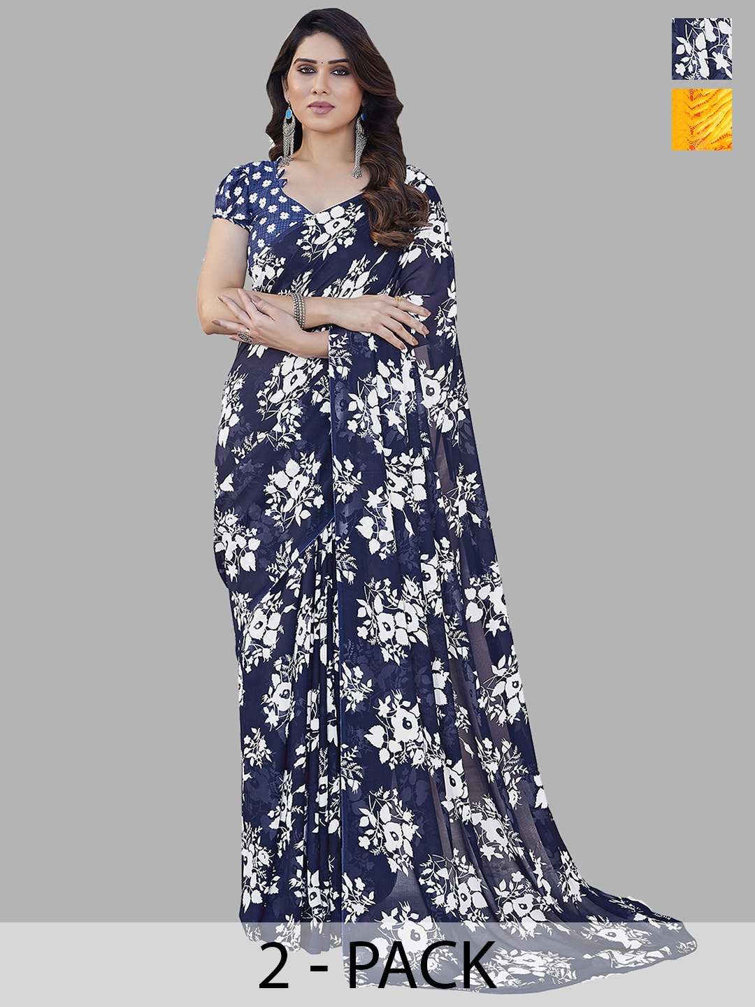 

ANAND SAREES Selection of 2 Floral Printed Saree, Navy blue