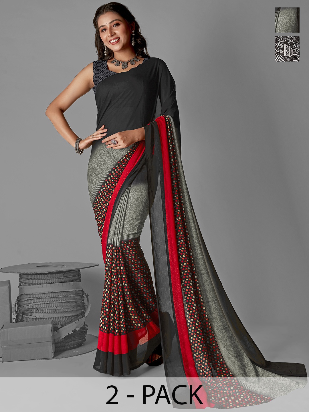 

ANAND SAREES Selection of 2 Floral Printed Saree, Black