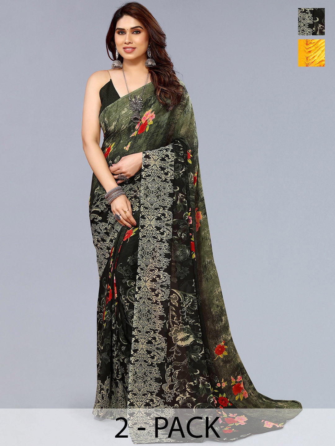 

ANAND SAREES Selection of 2 Floral Printed Saree, Green
