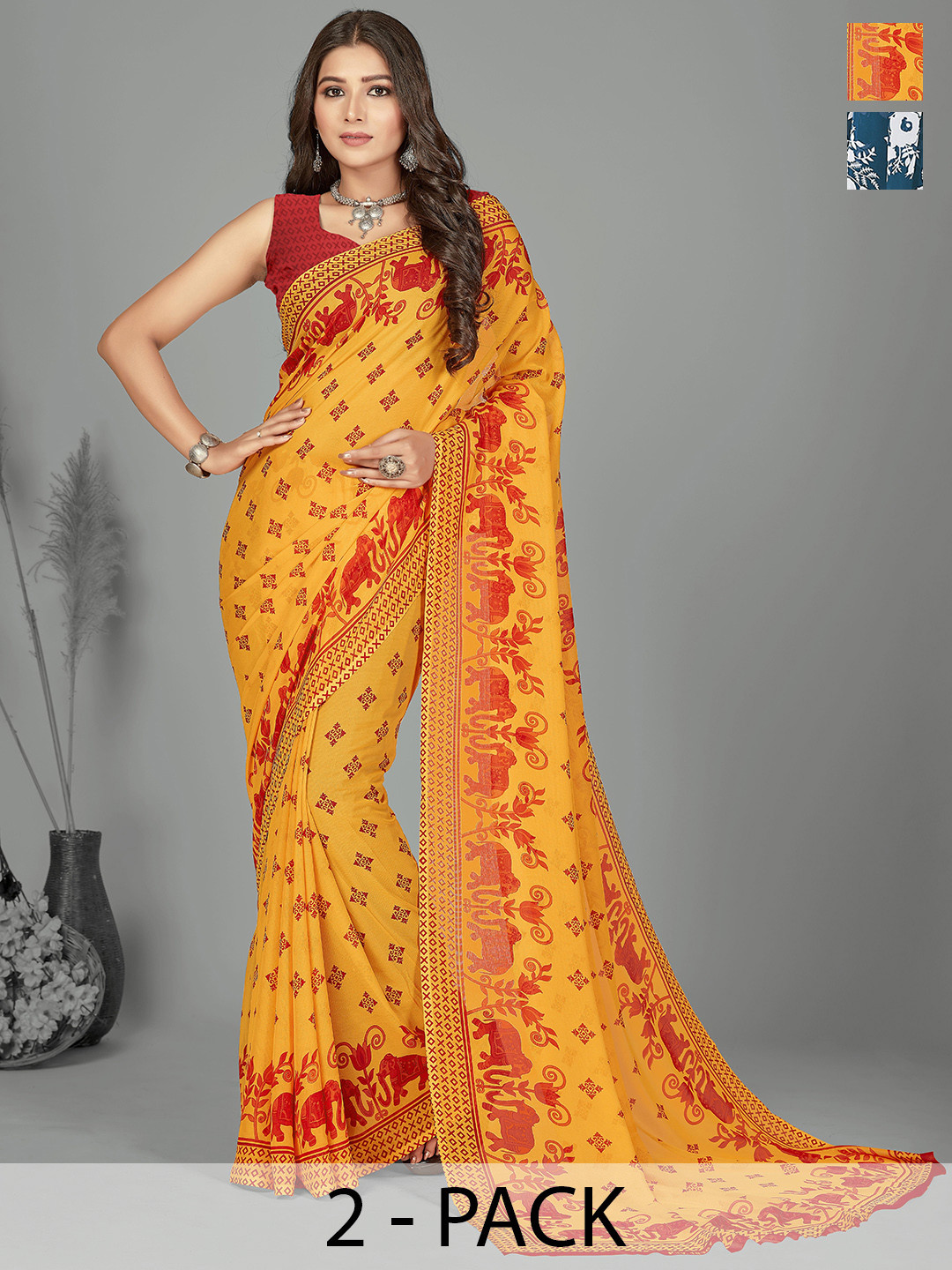 

ANAND SAREES Selection of 2 Floral Printed Saree, Yellow