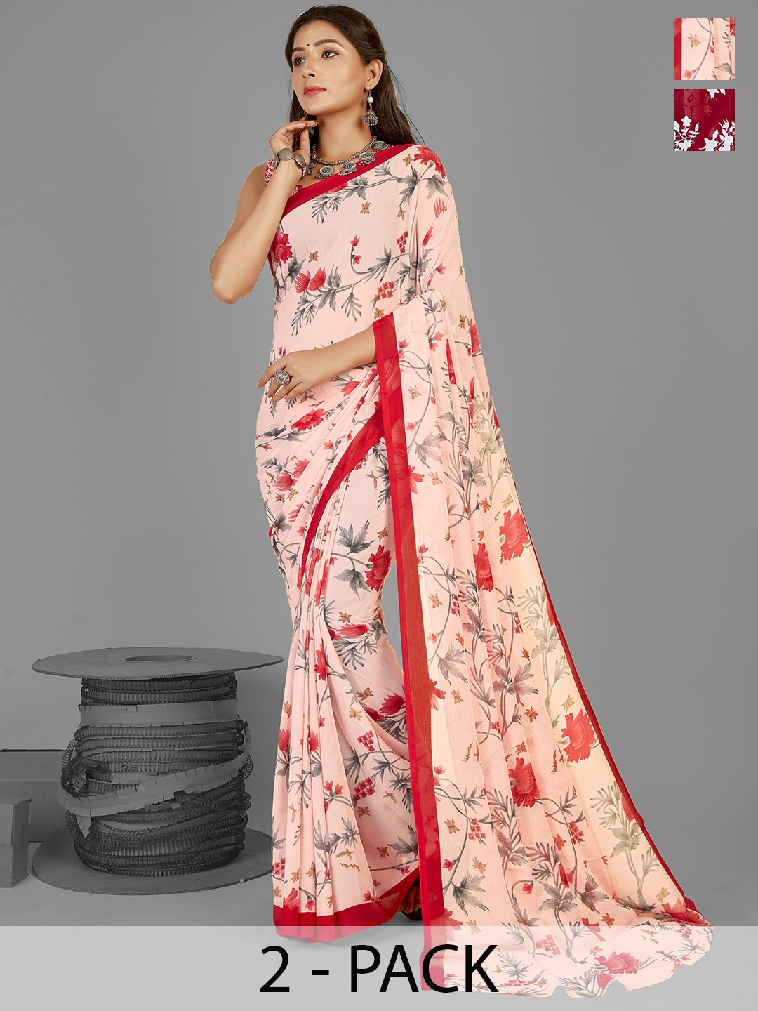 

ANAND SAREES Selection of 2 Floral Printed Saree, Peach