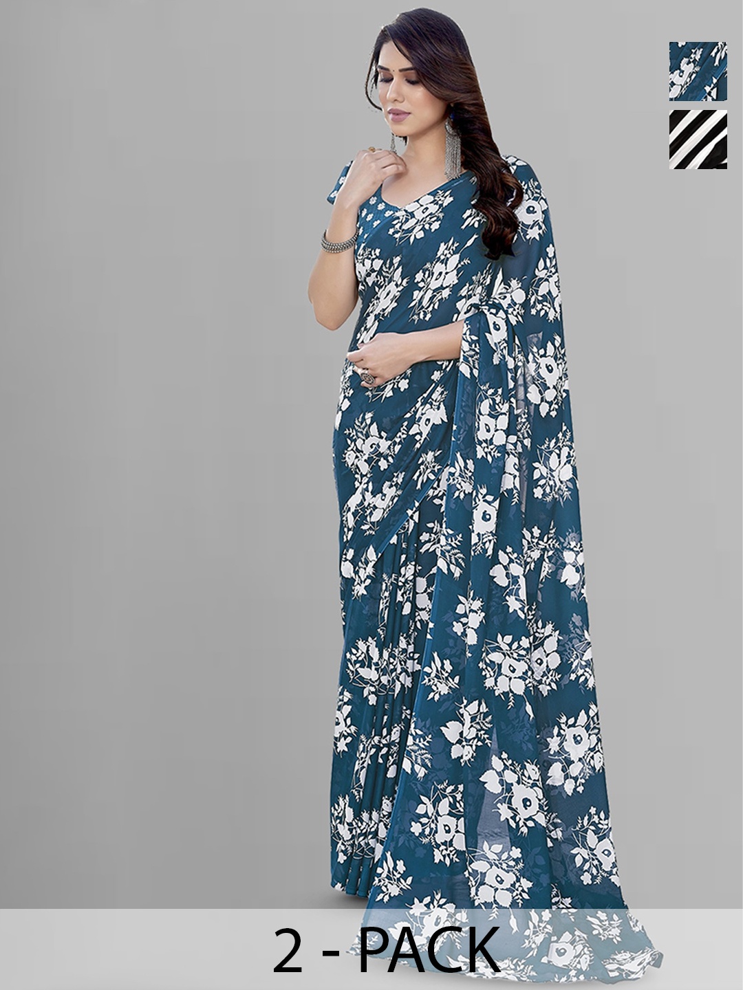 

ANAND SAREES Selection Of 2 Floral Printed Saree, Teal