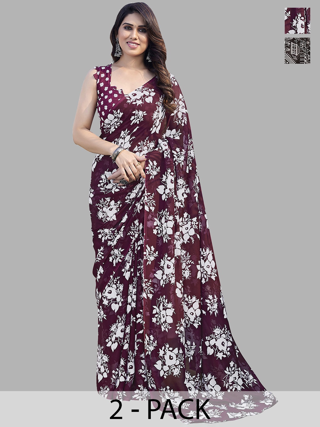 

ANAND SAREES Selection of 2 Floral Printed Saree, Maroon